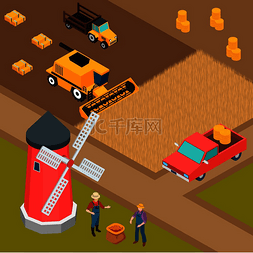 机械壁纸图片_等距背景与两个农民机械和农场 3d