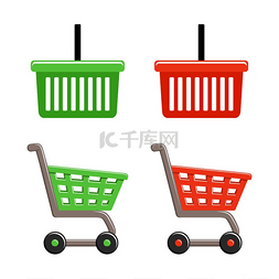红色购物篮图片_购物篮和购物车套装。