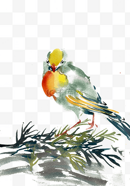 绿叶水墨图片_彩色的小鸟
