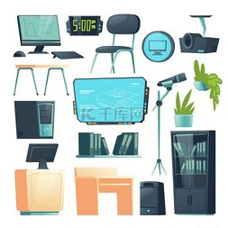 卡通教室背景图片_学校电脑教室的家具。