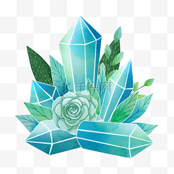 水彩水晶宝石和绿色树叶