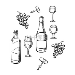 的酒杯图片_一瓶桌子和带酒杯的起泡酒，葡萄