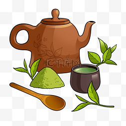 清新绿色茶叶矢量图片_抹茶茶具插画风格棕色