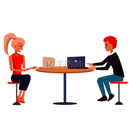 人和电脑图片_商业彩色横幅矢量插图，坐在圆桌