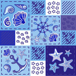 手绘符号and图片_Seamless marine pattern in patchwork style wi