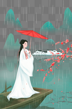 雨水节气古风美女下雨撑伞