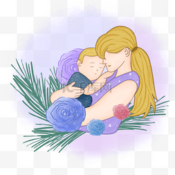 工笔画的图片_长发母亲节水彩怀抱男童