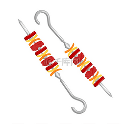 烤鸡烤串图片_金属串上烤肉串的矢量插图。