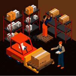 产品运输包装图片_工业机器等距构图具有工人的无脸