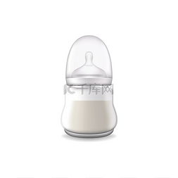 婴儿食品、带盖和奶嘴的隔离奶瓶
