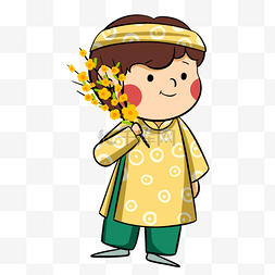 越南春节手拿梅花的黄衣男孩