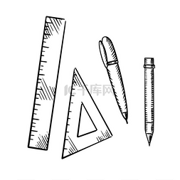 设计标尺图片_铅笔、圆珠笔、三角形和标尺图标