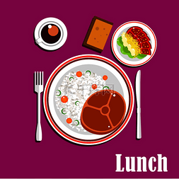 番茄午餐肉图片_健康午餐图标包括牛排、米饭和蔬