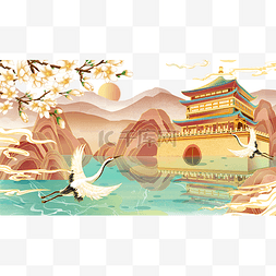 宏伟图片_国潮中国风宏伟山水建筑仙鹤