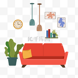 现代简约家具素材图片_客厅扁平风格红色沙发插画