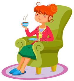 卡通女孩喝饮料图片_在沙发上的女人