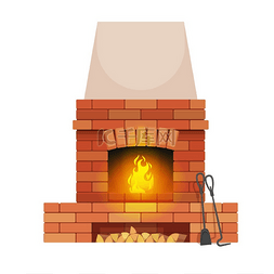 砖石壁炉配有木块和火坑工具家庭