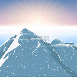 极地日出的山峰和雪花纷飞的风景