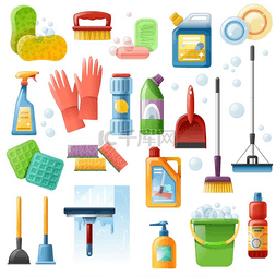 产品首页图片_清洁用品工具平面图标集。