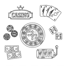 钱符号图片_赌场勾勒出轮盘赌轮盘、骰子、扑