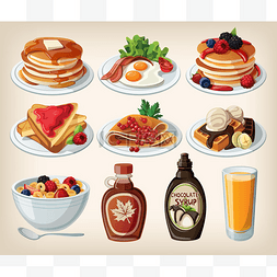 烤面包手绘图片_经典的早餐卡通片，配上煎饼、麦