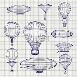 热气球插图图片_热气球和齐柏林飞艇素描。