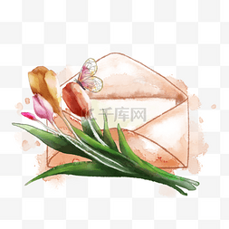 春天黄色海报图片_水彩信封邮件与郁金香和蝴蝶