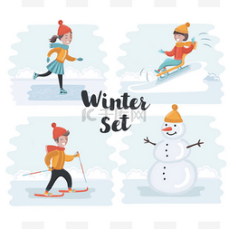 卡通儿童滑雪图片_冬季假期。小女孩造型堆雪人、 