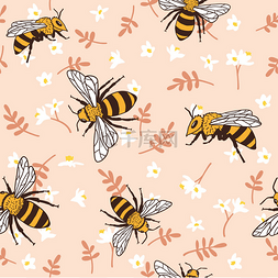 黄色的蜜蜂图片_矢量无缝模式与蜜蜂、 叶和花。
