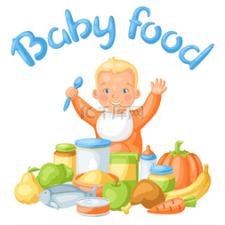 卡通喂养婴儿图片_背景与可爱的小宝宝和食品。