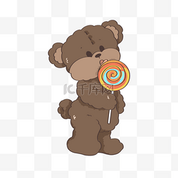 吃棒棒糖的卷毛泰迪熊插画