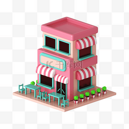 房子立体图片_3DC4D立体店铺粉色建筑