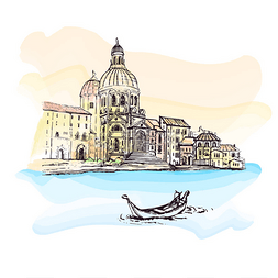 水彩矢量图片_意大利威尼斯-圣母玛利亚大教堂-