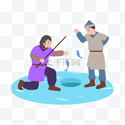 男人蒙古中世纪冰上钓鱼插画
