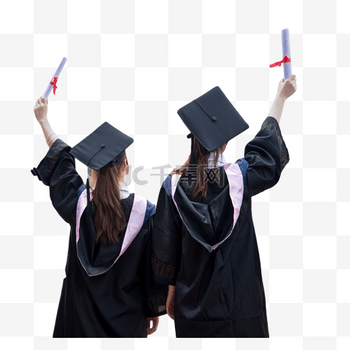 学生背影举起毕业证书拍照留念学士服