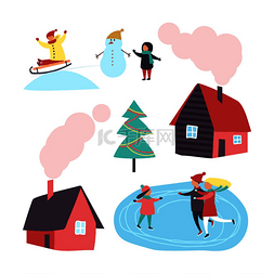 房子和烟囱图片_住宅和冬季活动的人群设置矢量有