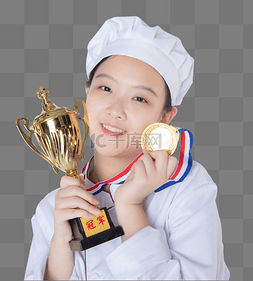 手拿奖杯图片_年轻女厨师手拿奖杯奖牌