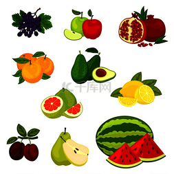 柠檬苹果梨图片_水果图标分离的病媒新鲜水果葡萄
