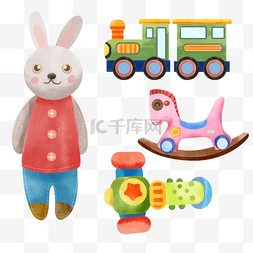 小熊玩具矢量图片_水彩婴儿儿童玩具木偶兔子马和火