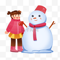 冬季下雪堆雪人女孩冬天娱乐