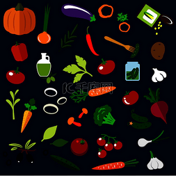 南瓜土豆玉米图片_健康蔬菜平面图标与新鲜西红柿、