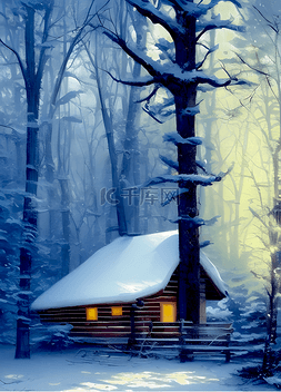 小木屋图片_冬季的小木屋水墨