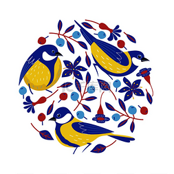 长尾山雀图片_可爱的明信片，上面有鸟类、蓝莓