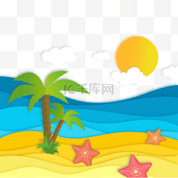 沙滩椰树背景图片_海洋剪纸风格海星