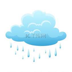 白色背景上的蓝色云彩和雨滴。