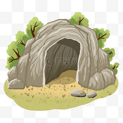 动物插画设计图片_洞穴入口绿树插画