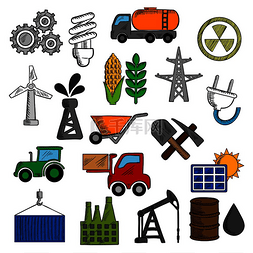 工业和能源图标，包括油泵和油桶