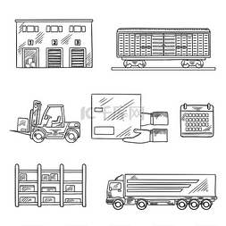货物叉车图片_带有仓库建筑、货车、货车、叉车