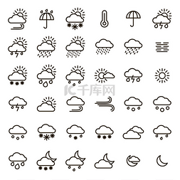天气预报图标矢量图片_天气预报标志黑色细线图标集。矢