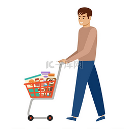 食品超市图片_男人和装有产品的购物车健康食品